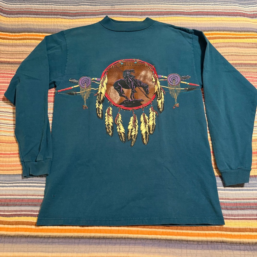 Vintage H.L. Miller Gold Teal Native American Graphic Long Sleeve Shirt USA M